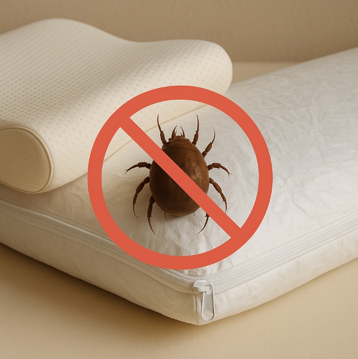 타이벡 재질의 지퍼형 베개 커버 위에 집먼지 진드기 차단 마크가 표시된 이미지