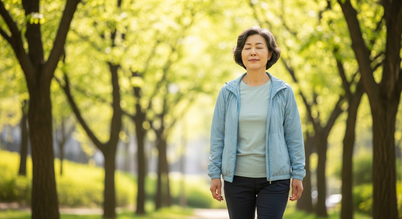 50대 여성이 공원에서 천천히 걸으며 깊게 호흡한다