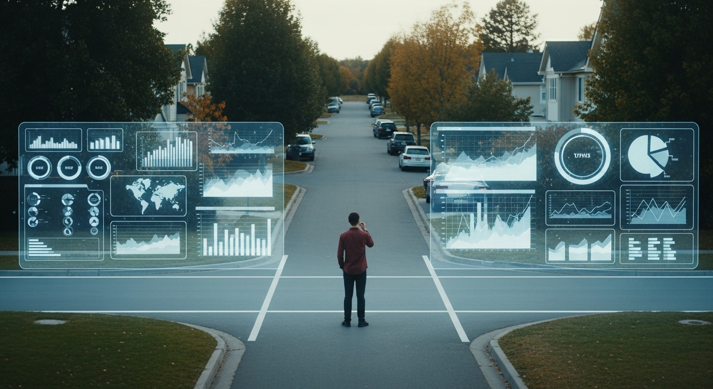 실제 동네와 데이터 분석 자료를 비교하며 현장 확인(임장)하는 사람의 이미지.