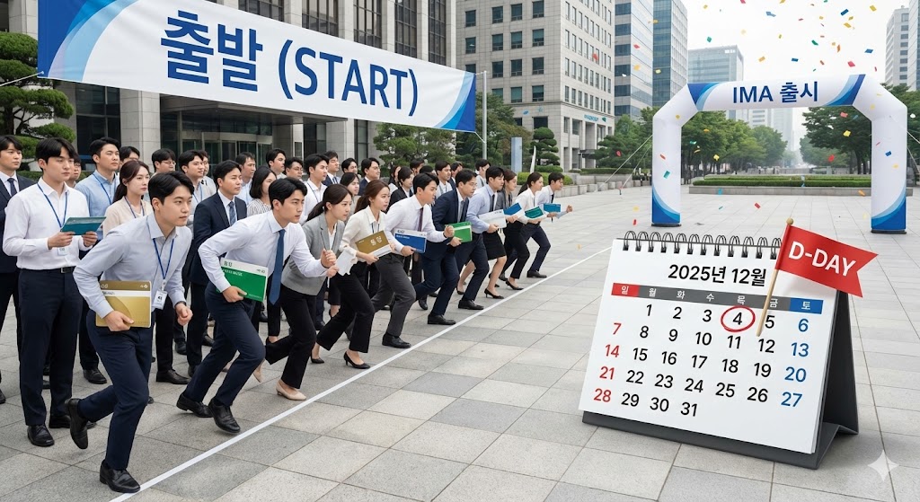 2월 달력에 'D-Day'가 표시되어 있고, 출발선에서 '예금 통장'을 들고 'IMA'로 갈아타려고 준비하는 사람들의 모습