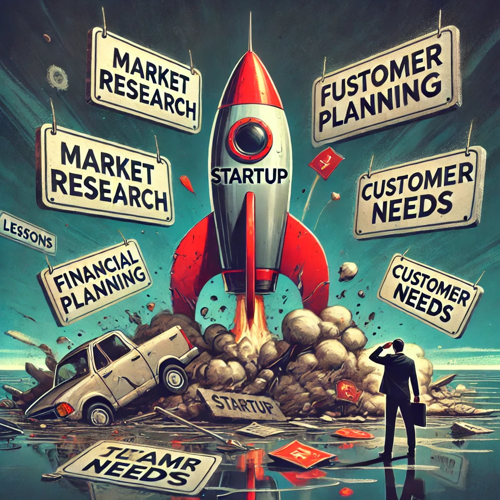 실패한 스타트업을 상징하는 추락한 로켓과 함께, 주요 교훈(시장 조사, 재정 계획, 고객 니즈, 팀 관리 등)이 떠 있는 모습이 담겨 있습니다.