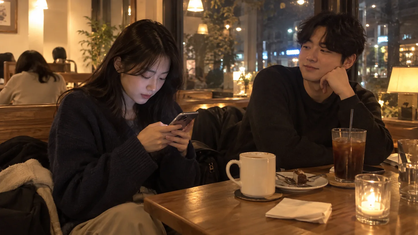 벤치에 앉아 친한 회원에게 개인 메시지를 보내는 사람