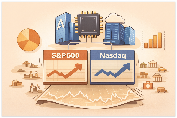 나스닥과 S&amp;P500 모두가 대형 기술주 집중도의 영향을 받는 모습을 표현한 일러스트