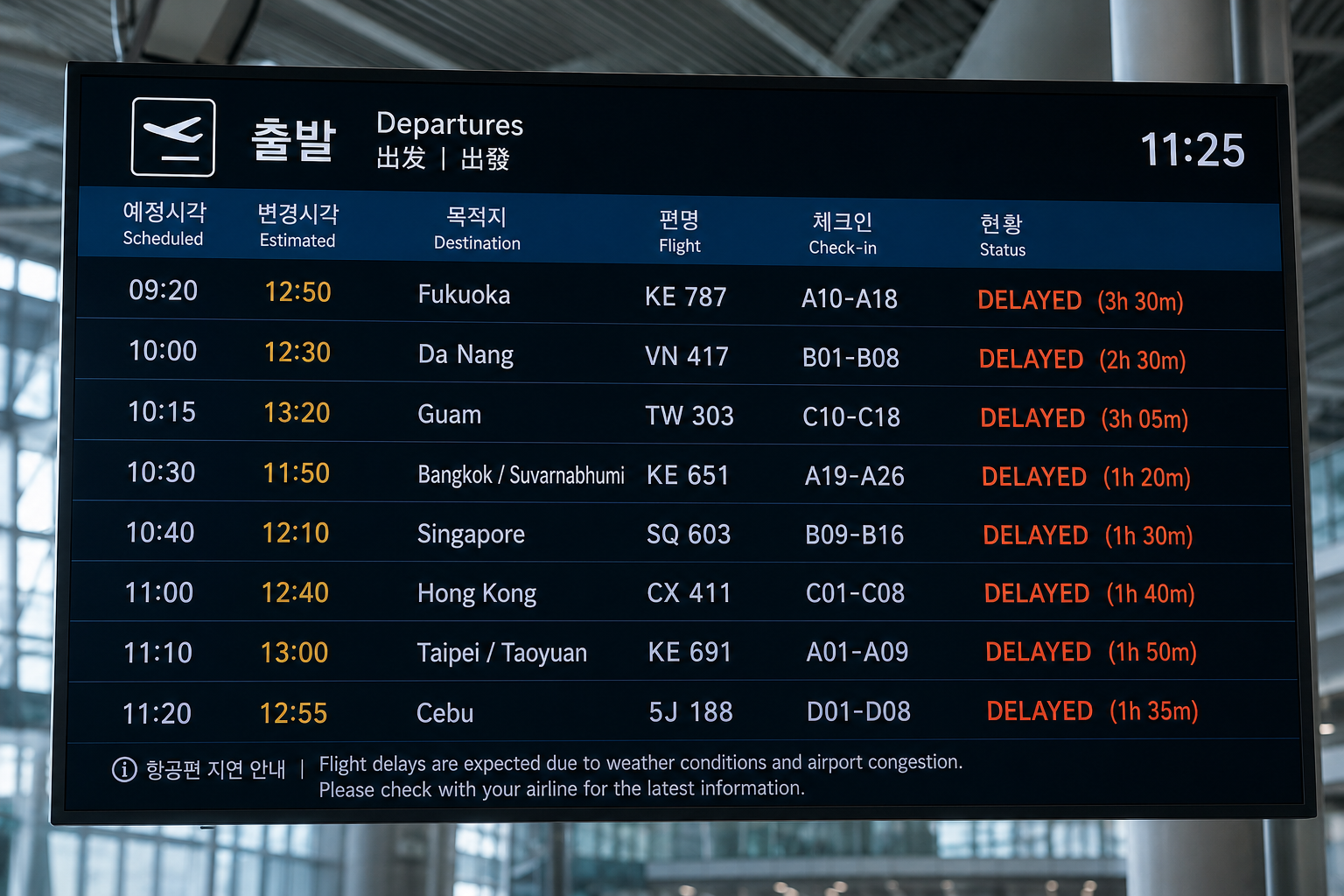 공항 내 딜레이 전광판 이미지