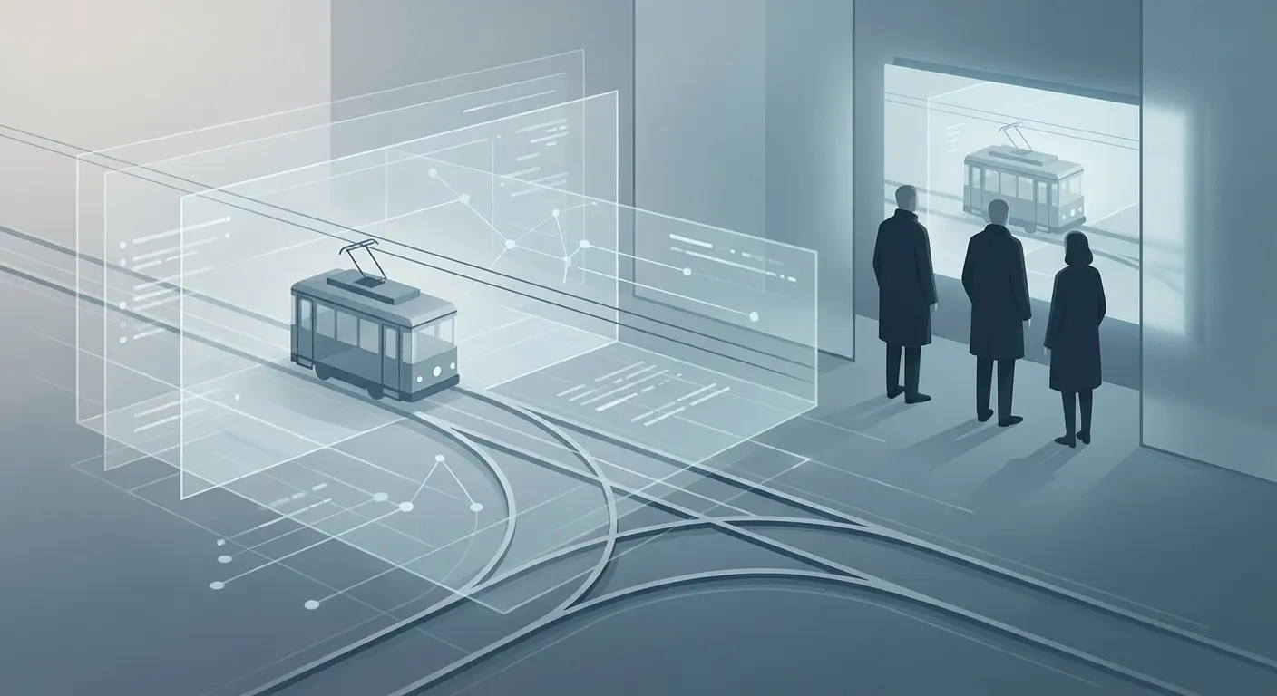An illustration showing AI systems making decisions in a trolley problem scenario