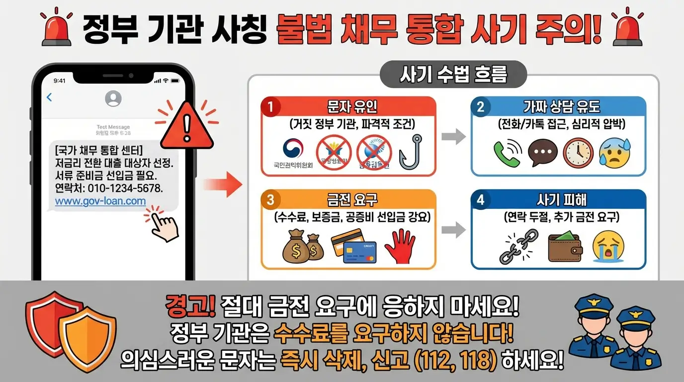 정부 기관을 사칭하여 수수료를 요구하는 불법 채무 통합 지원 센터 문자의 사기 수법을 경고하는 인포그래픽