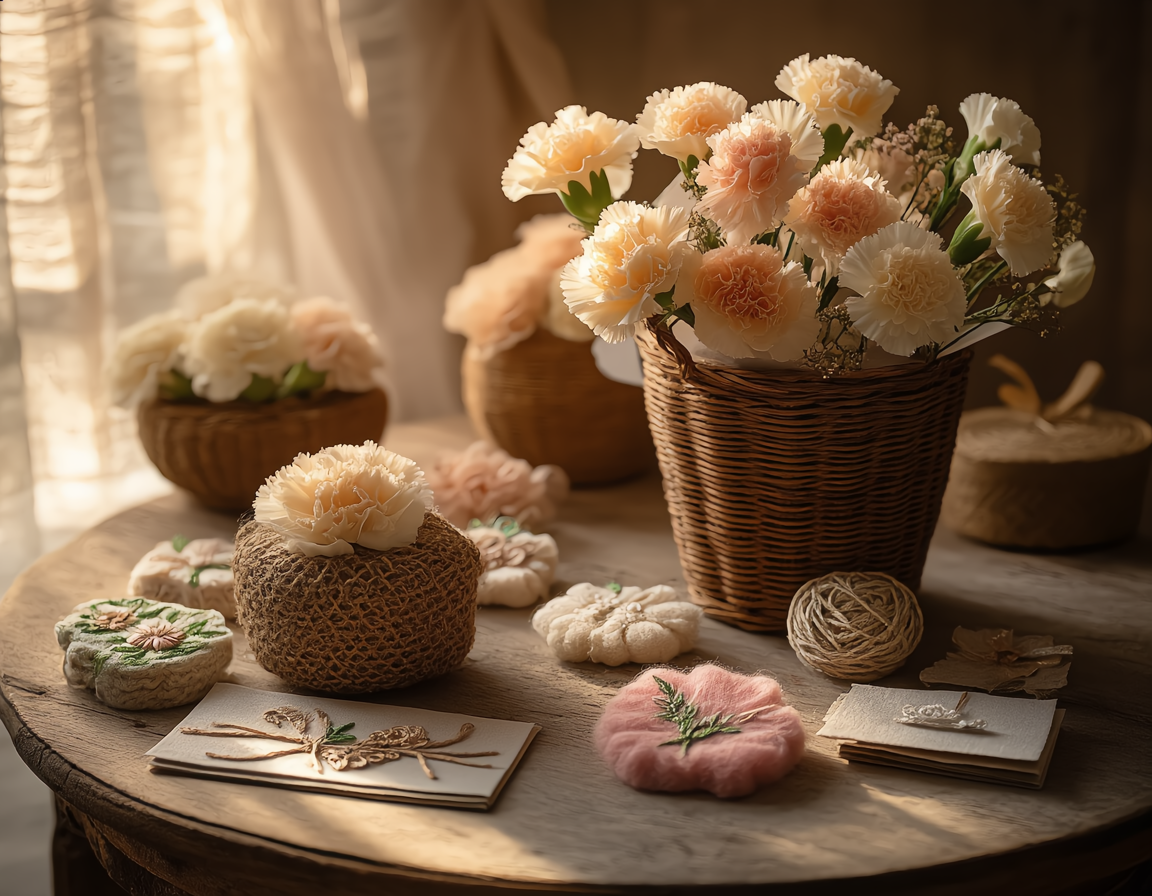 A rustic wooden table displays an array of handmade carnation crafts—pastel-hued soap flower bouquets in woven baskets, delicate felt brooches with embroidered details, and textured paper flower cards with curled petals—bathed in soft golden-hour light streaming through linen curtains, creating a warm, nostalgic atmosphere with shallow depth of field to emphasize artisanal textures.