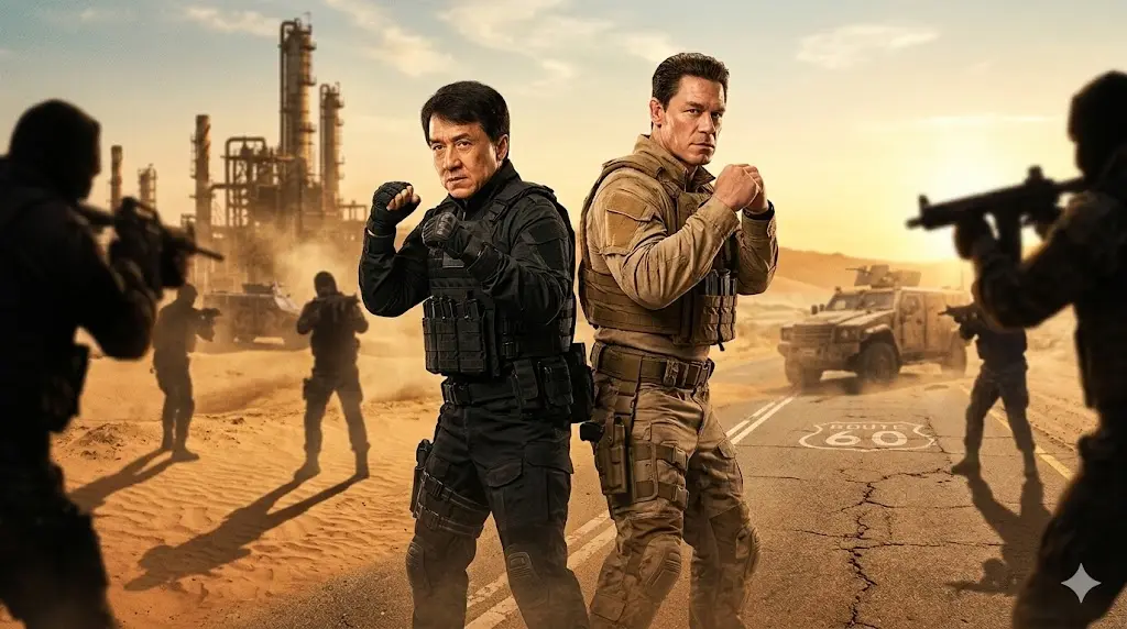 넷플릭스 영화 스내푸 성룡과 존 시나가 사막 한가운데서 등을 맞대고 적들을 향해 방어 자세를 취하는 콤비 액션 장면