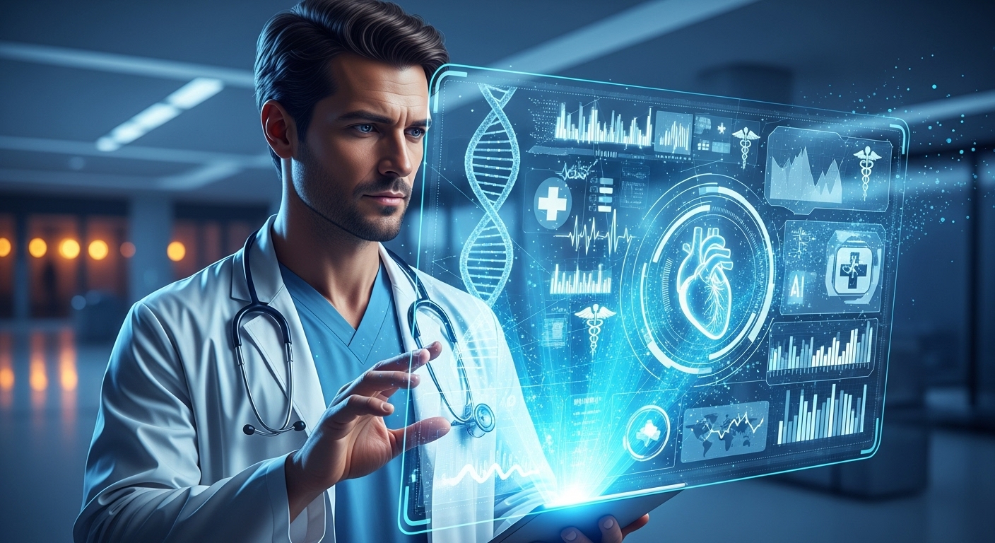 AI기반 태블릿으로 환자 데이터를 분석하는 의사 이미지