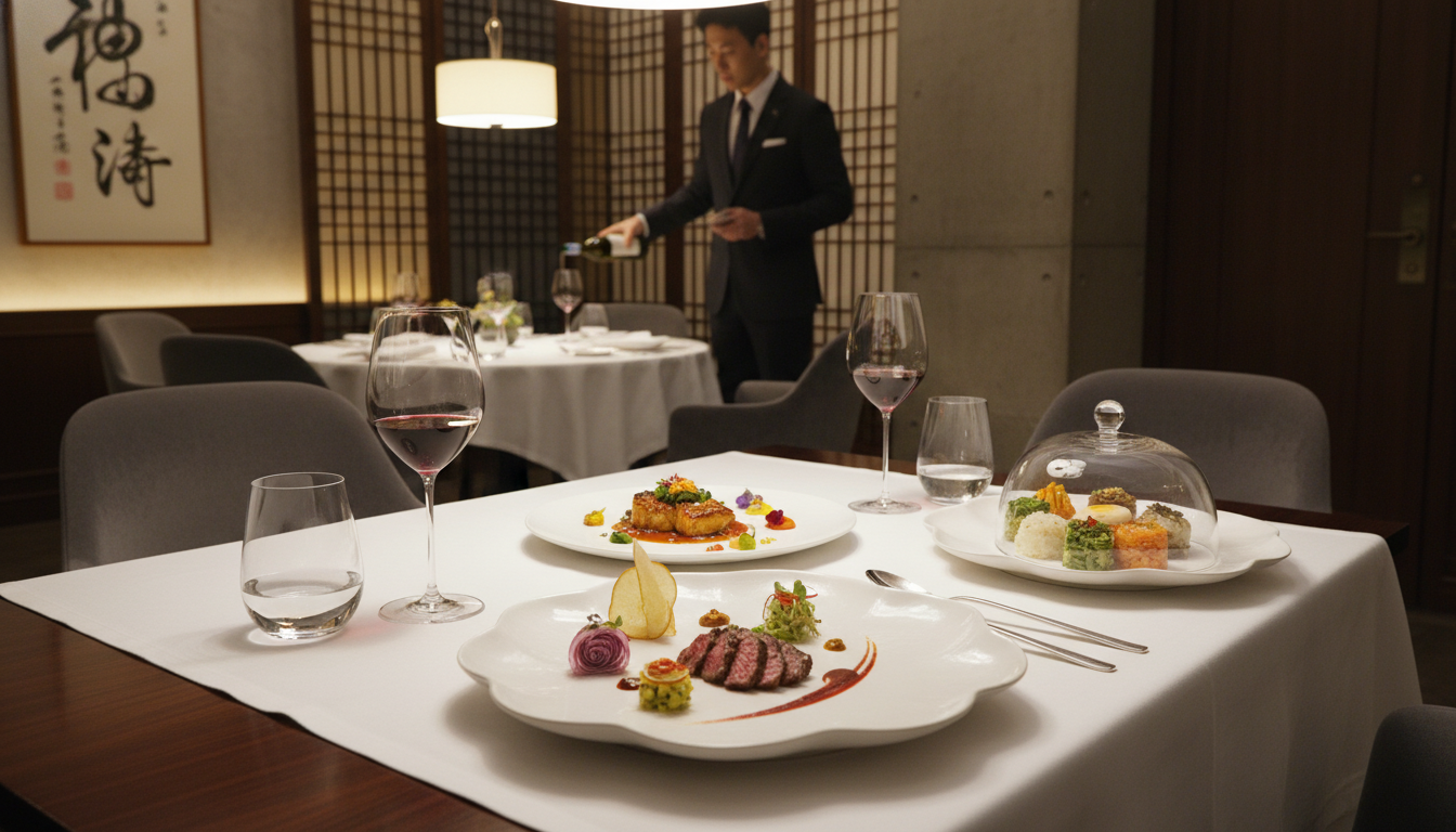 서울의 고급스러운 미슐랭 스타 레스토랑에서 우아하게 차려진 식탁과 아름답게 플레이팅된 한식 코스 요리, 부드러운 조명이 어우러진 전경