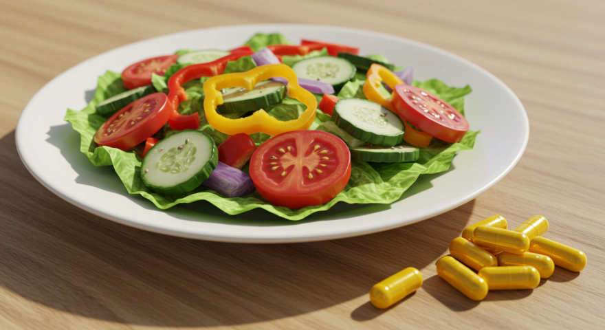 샐러드와 함께 커큐민 캡슐이 놓여 있는 모습