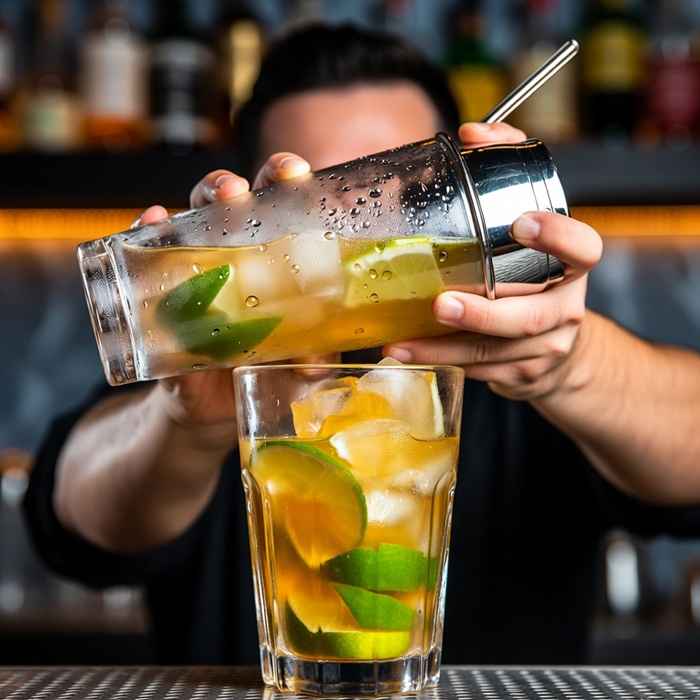 아가베 시럽과 데킬라를 얼음과 함께 섞는 토미스 마가리타 제조 과정