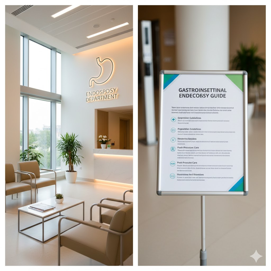 깔끔한 병원 대기실 전경 또는 내시경 검사 안내문 이미지