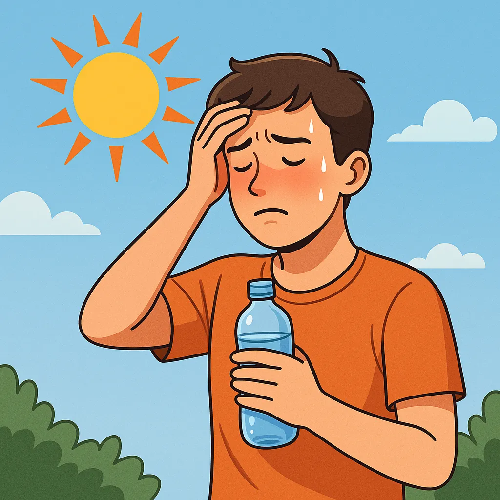 여름철-강한-햇빛-아래에서-땀을-흘리며-탈수-증상을-느끼는-남성의-모습-수분-손실이-빠르게-일어나는-이유를-상징적으로-표현한-장면