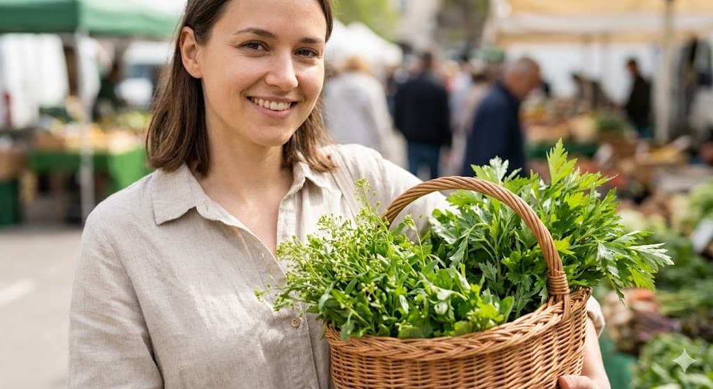 간 해독에 좋은 신선한 봄나물을 고르는 건강한 모습