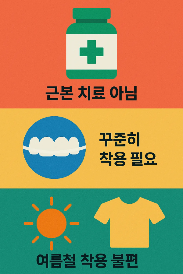 하지정맥류 압박스타킹 치료가 근본적 치료가 아님을 보여주며 꾸준히 착용해야 하고 여름철 불편함이 있는 단점을 설명한 인포그래픽입니다.