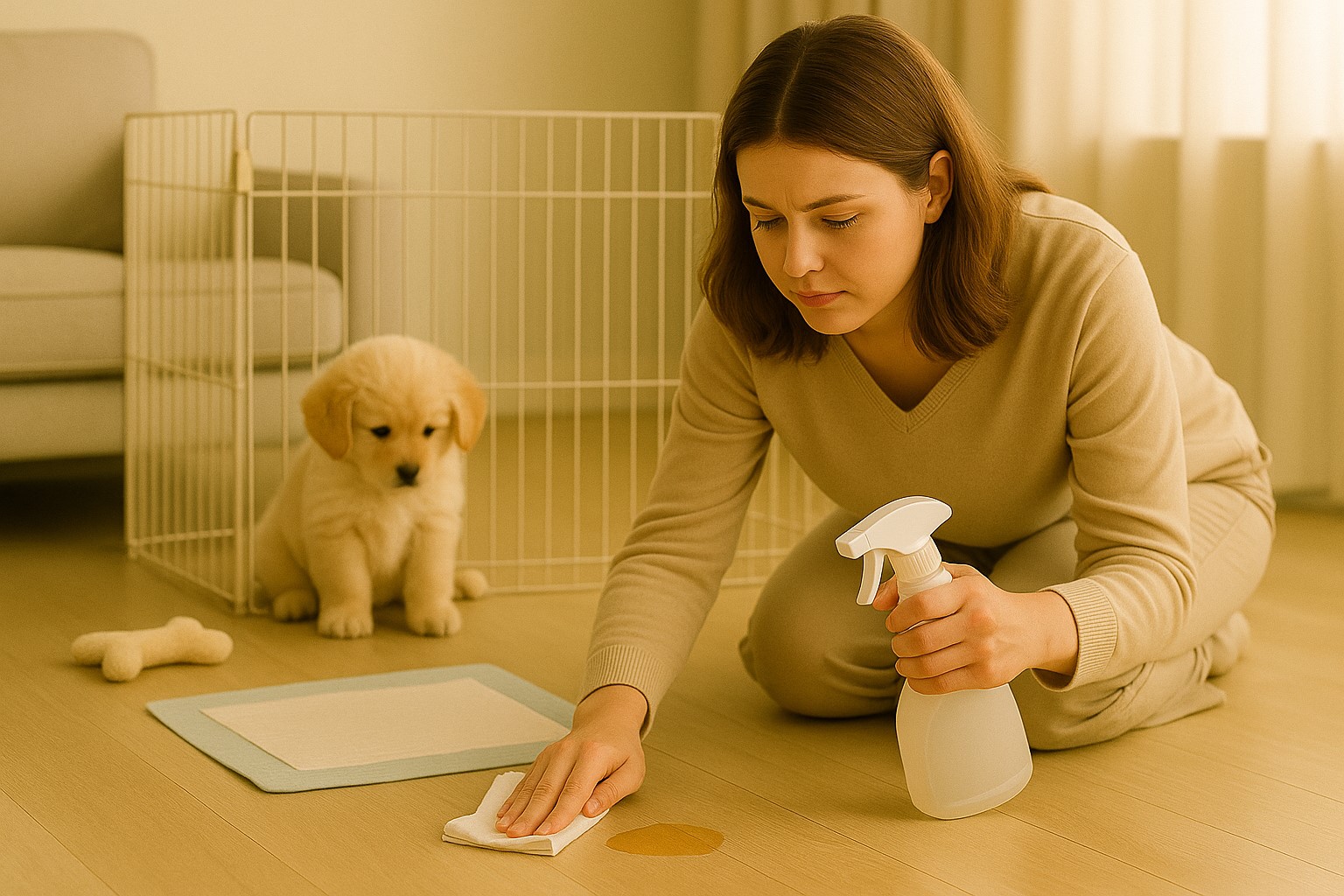 보호자가 바닥을 전용 클리너로 닦고 있음, 옆에는 걱정하는 듯 바라보는 말티즈.