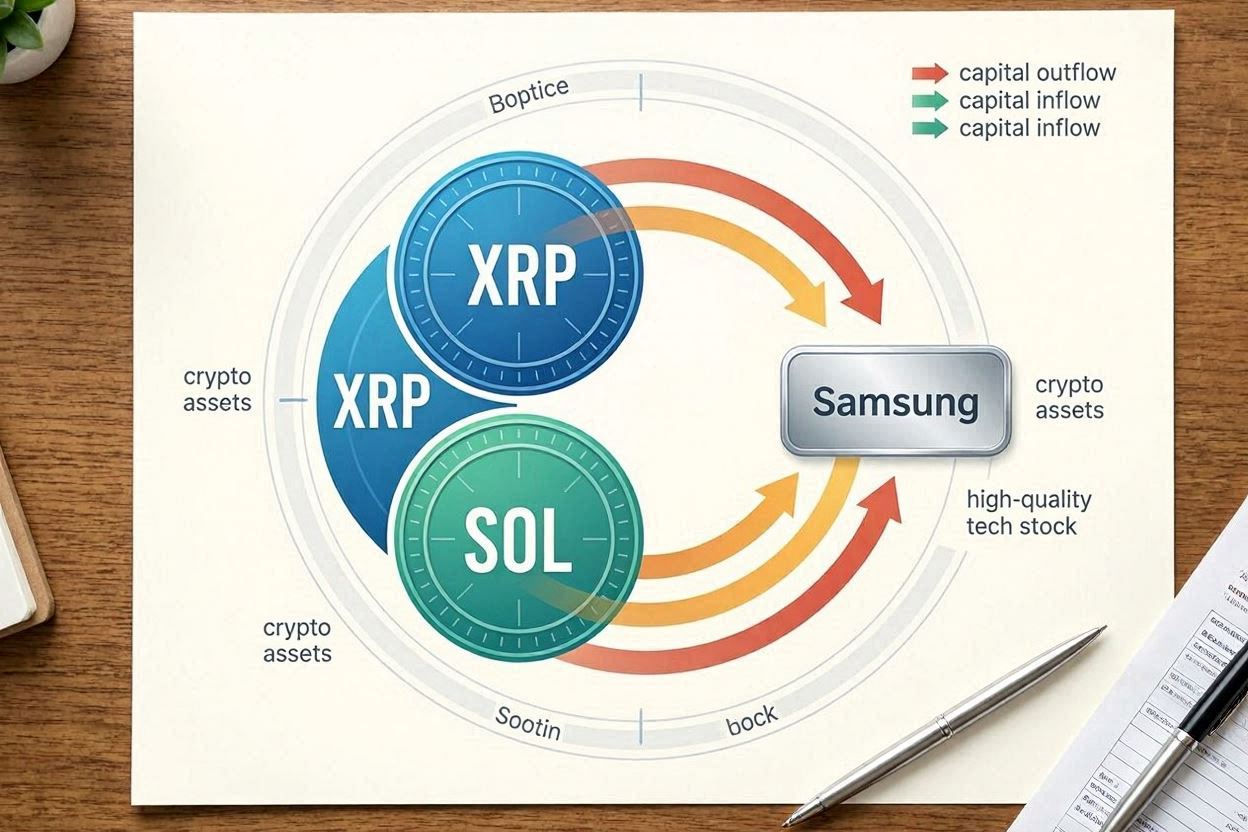 크립토 자산(XRP, SOL)에서 우량 기술주(Samsung)로 자본이 이동하는 것을 나타내는 순환매(Rotation) 그래픽 2