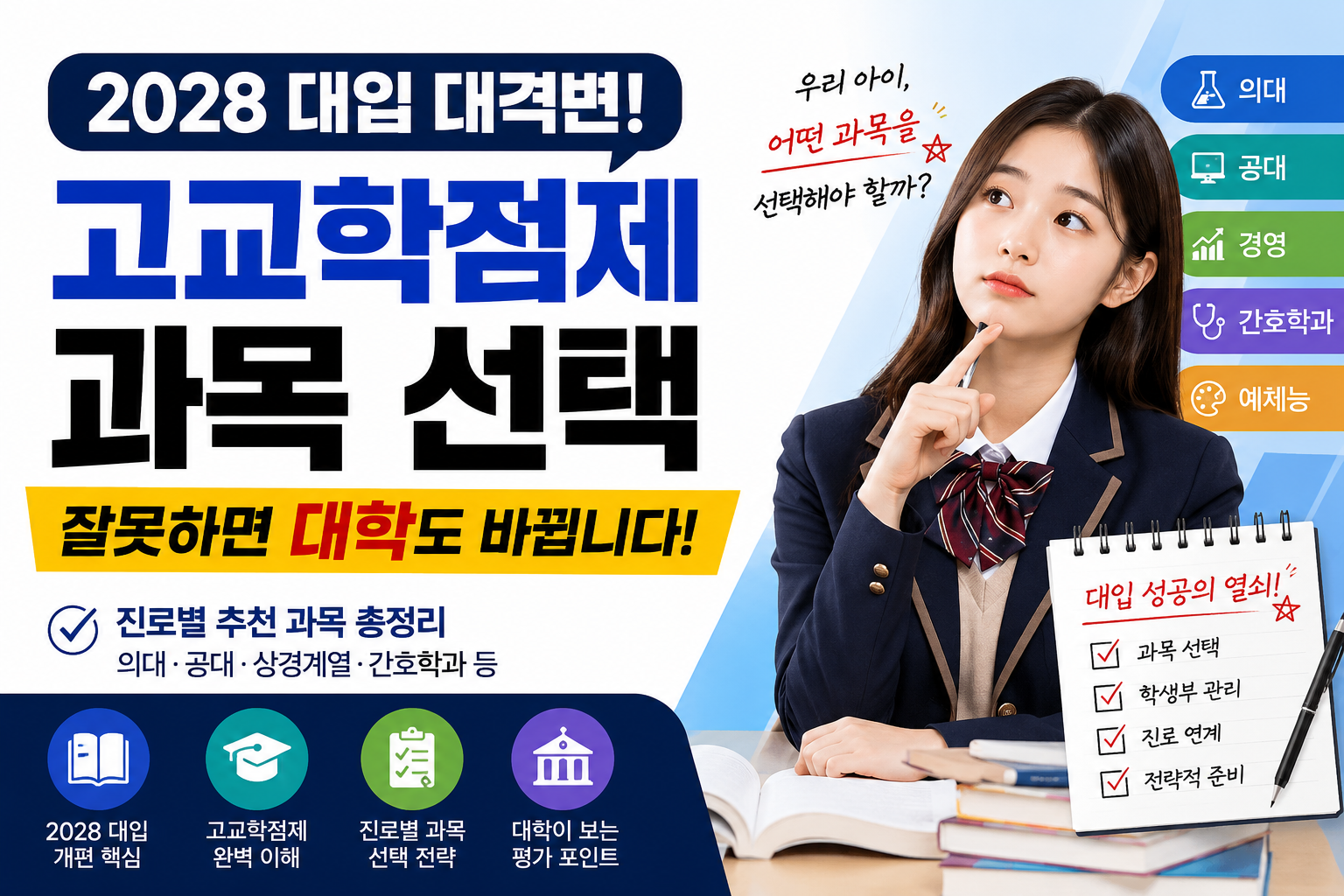 2028 대입 개편 시대, 고교학점제 과목 선택이 대학 합격의 중요한 변수로 떠오르고 있습니다. 진로별 추천 과목과 학생부 관리 전략을 확인해 보세요.