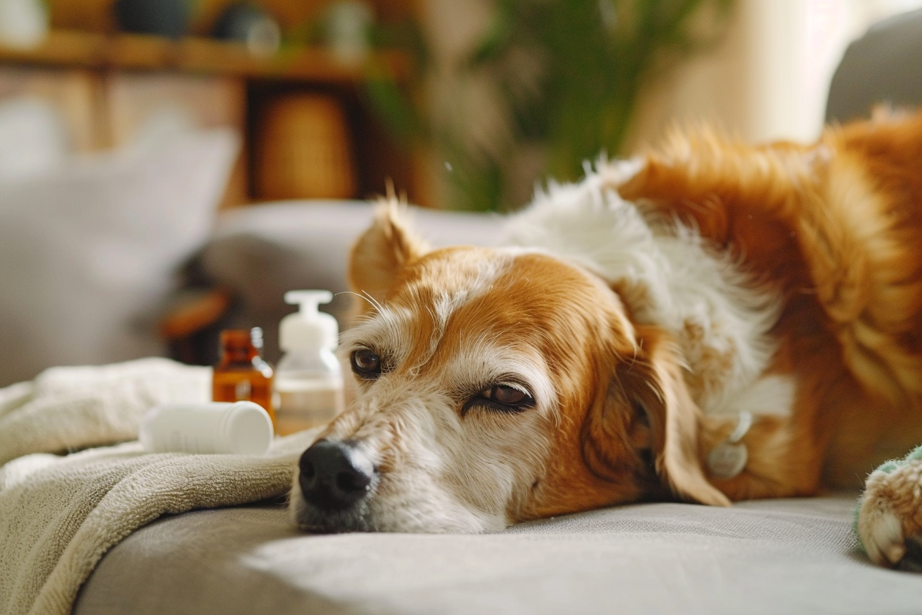 Senior dog being cared for at home with supplements