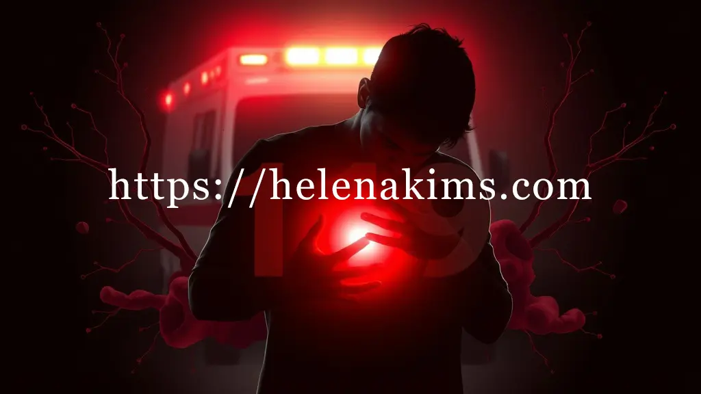 고통스럽게 가슴을 부여잡고 쓰러지기 직전인 사람의 실루엣. 심장 부위에는 강렬하게 깜빡이는 붉은색 비상 경고등이 빛나며, 그 뒤로 사이렌이 울리는 구급차의 희미한 실루엣과 '119' 숫자가 긴박함을 표현한 이미지.