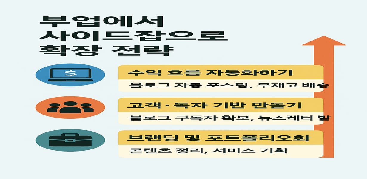 부업에서 사이드잡으로 확장하는 3단계 전략 – 수익 자동화, 독자 기반 형성, 브랜딩으로 연결되는 인포그래픽