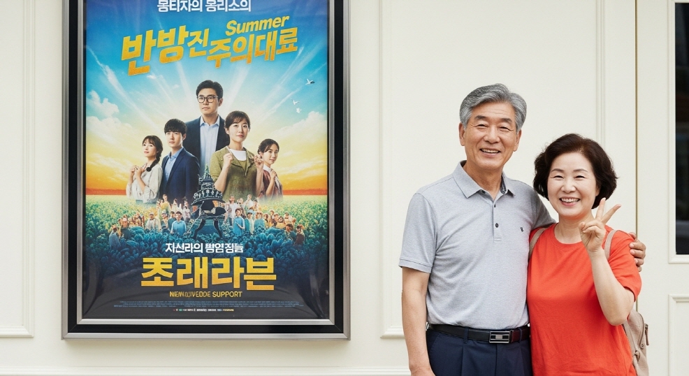 영화관 포스터 앞에서 사진 찍는 커플