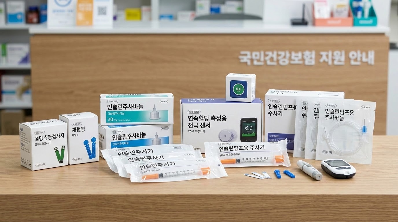 혈당측정검사지, 채혈침, 인슐린주사기, 인슐린주사바늘, 
인슐린펌프용 주사기, 인슐린펌프용 주사바늘, 연속혈당 측정용 전극 센서가 포함