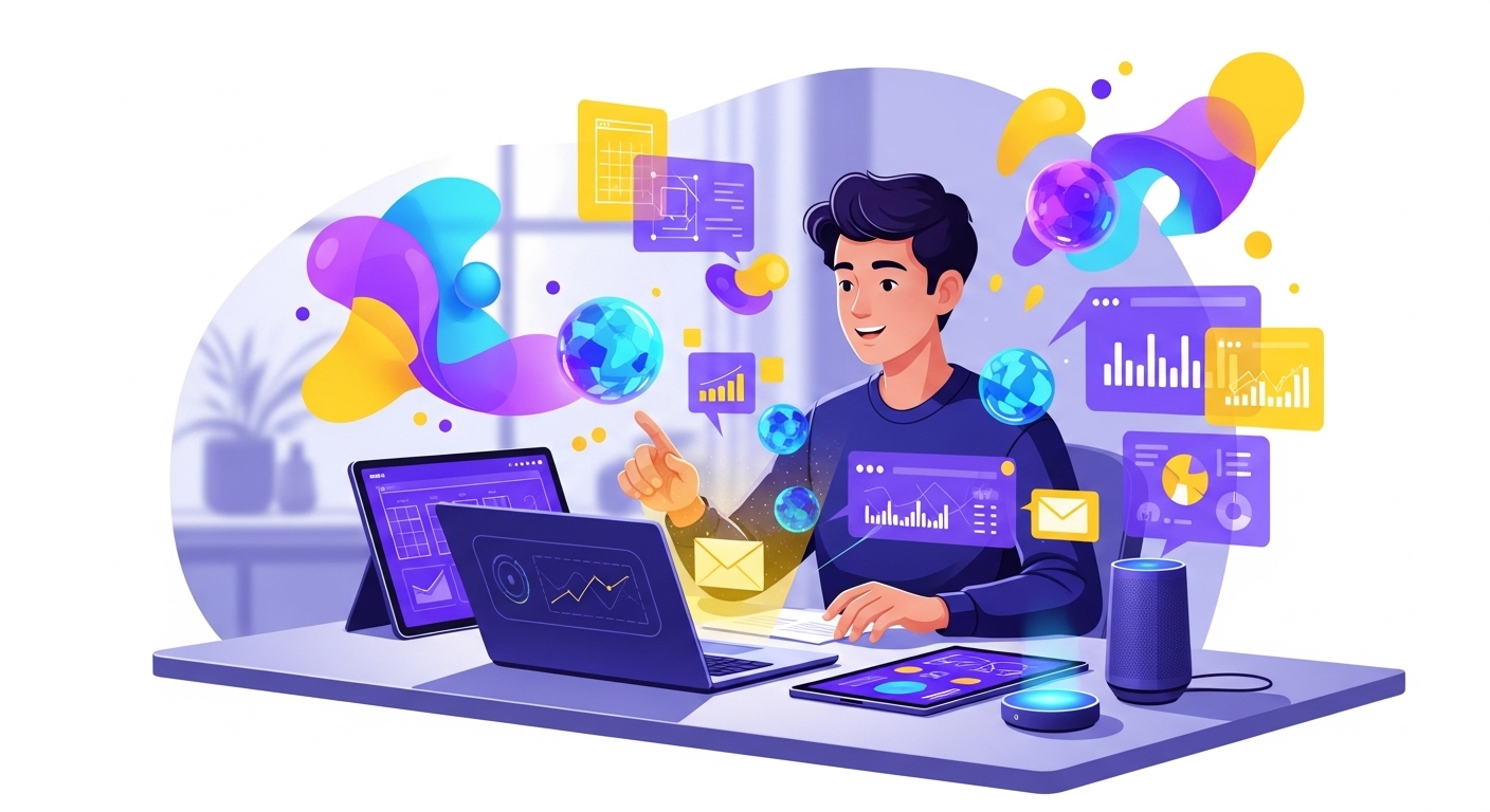 2026년, AI 비서와 함께 효율적으로 일하며 생산성을 높이는 전문가의 모습. 보라색과 노란색 빛이 나는 스마트 기기들이 주변에서 정보를 처리하고 있다.
