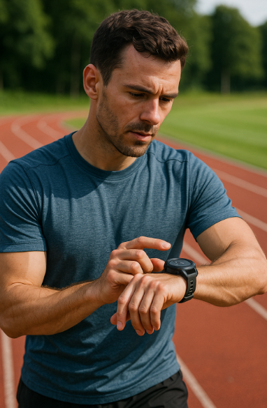 러닝 후 러닝워치를 확인하며 데이터를 분석하는 중급 러너