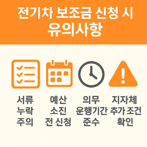 전기차 보조금 신청 과정에서 서류 누락, 예산 소진, 의무운행기간, 지자체 추가 조건 등 주요 유의사항을 아이콘과 함께 정리한 인포그래픽