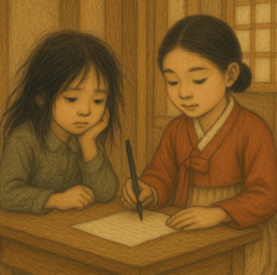 한옥 안에서 니안짱과 초정리 편지의 소녀가 나란히 앉아, 붓글씨를 쓰는 장면