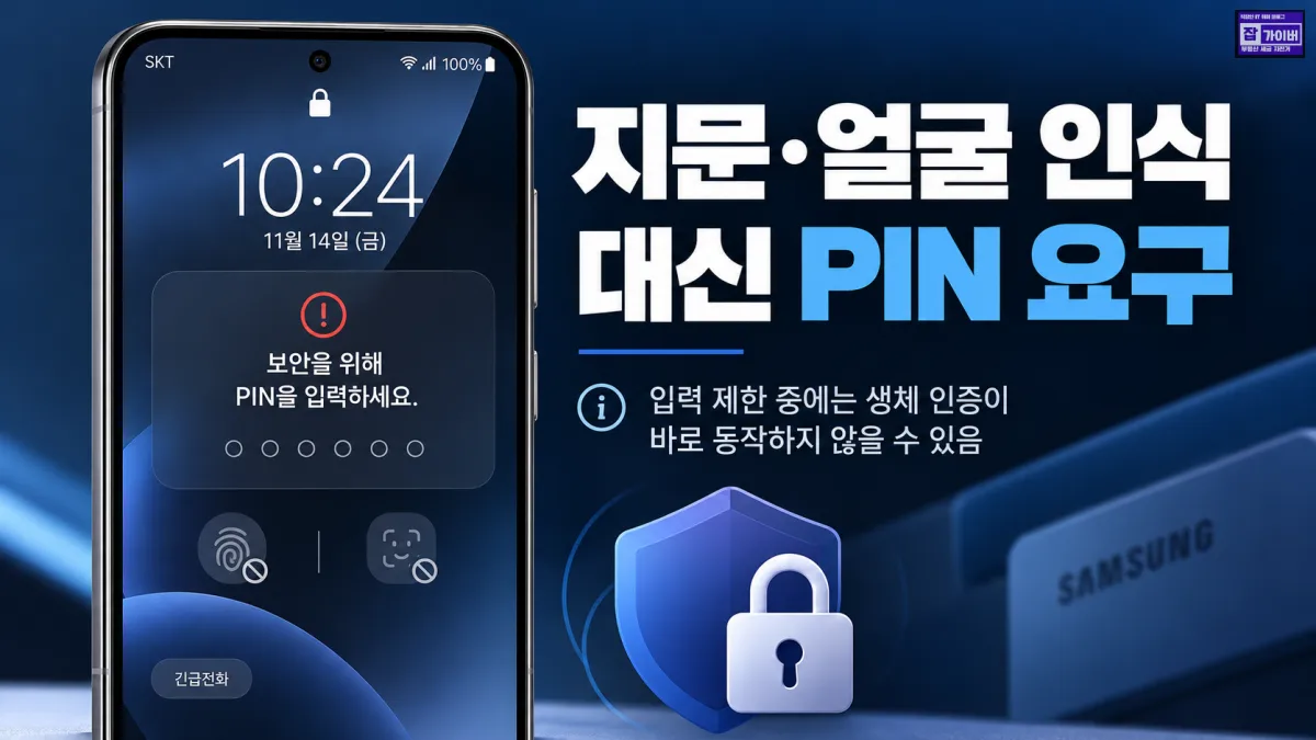 갤럭시 지문 얼굴 인식 대신 보안을 위해 PIN 번호를 입력하라는 화면 안내