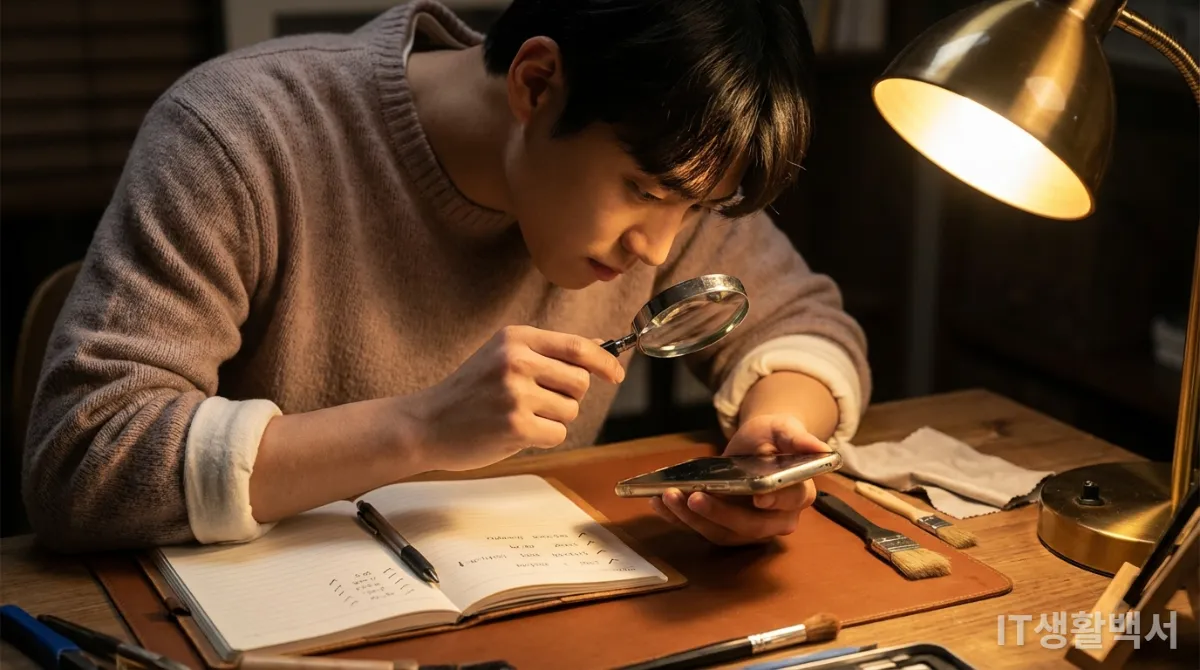 중고 스마트폰의 작은 부분을 확대하여 검수하는 한국인 남성