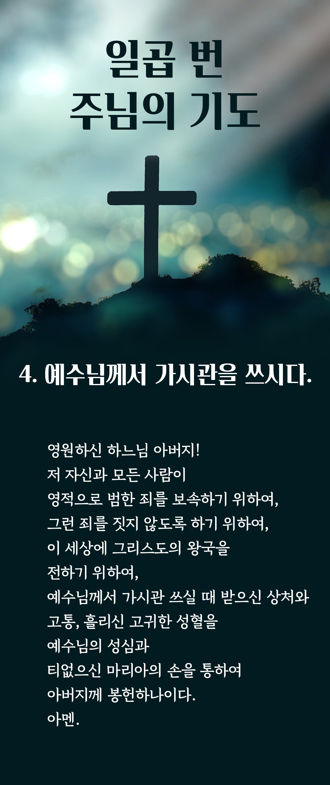 일곱번 주님의 기도, 예수님께서 가시관을 쓰시다. 영원하신 하느님 아버지! 저 자신과 모든 사람이 영적으로 범한 죄를 보속하기 위하여, 그런 죄를 짓지 않도록 하기 위하여, 이 세상에 그리스도의 왕국을 전하기 위하여, 예수님께서 가시관 쓰실 때 받으신 상처와 고통, 흘리신 고귀한 성혈을 예수님의 성심과 티없으신 마리아의 손을 통하여 아버지께 봉헌하나이다. 아멘.