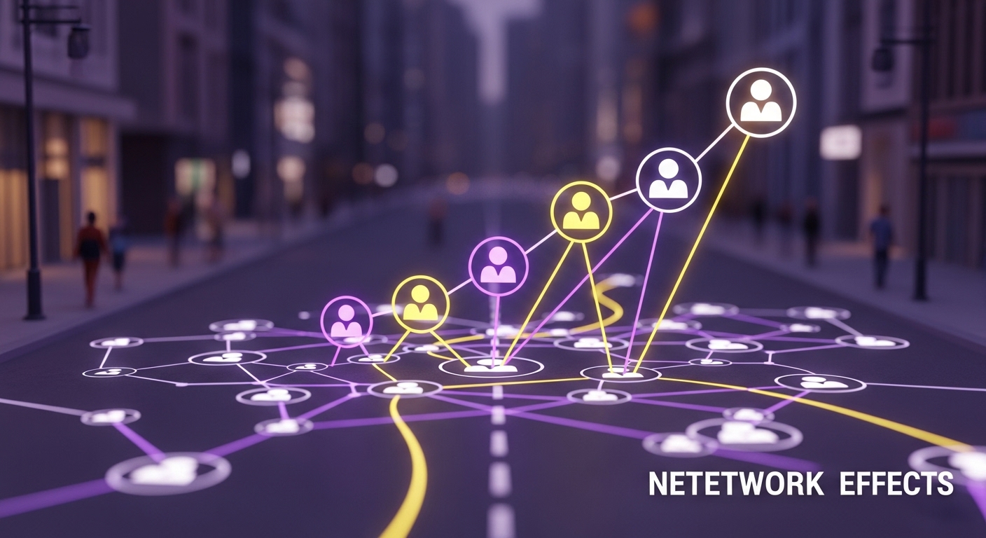 많은 사람들이 서로 연결되어 가치가 증가하는 네트워크 효과를 시각적으로 표현한 이미지. 소셜 미디어와 같은 서비스의 강점을 나타냅니다.