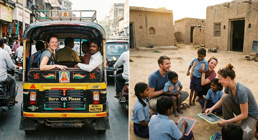 오토릭샤를 타고 다니며 봉사활동을 하는 외국인들 많습니다.