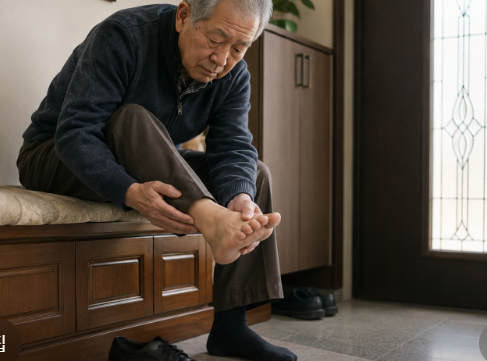현관 의자에 앉아 신발을 벗은 뒤 발바닥과 발가락 사이의 상태를 확인하는 연세 드신 아버지