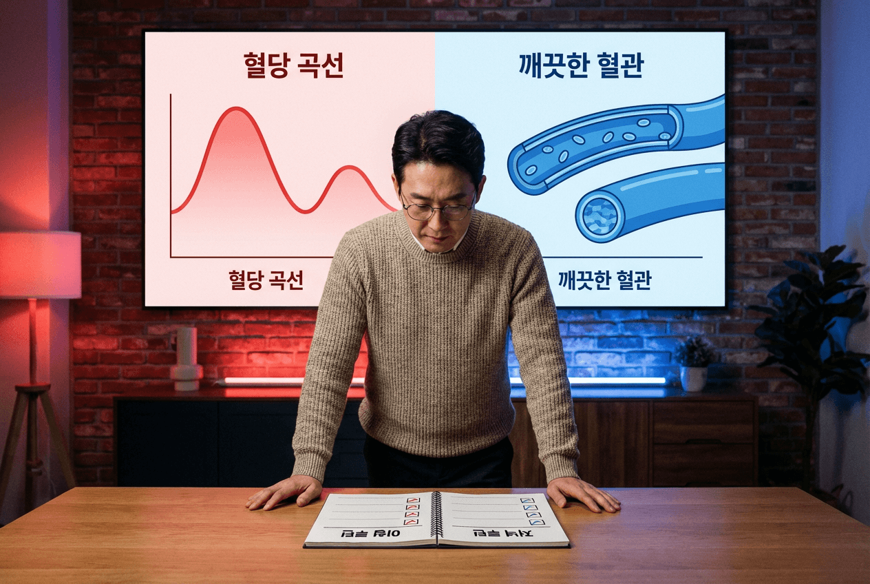 한 화면에 혈당 그래프와 혈관을 상징하는 일러스트가 나란히 보이고, 아래에 아침·저녁 루틴 체크박스가 적힌 노트를 보는 40대 한국인 남성이 서 있는 장면