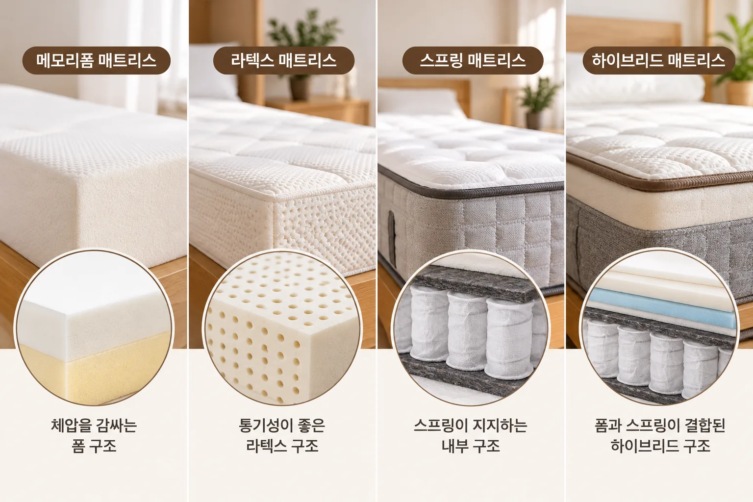 메모리폼, 라텍스, 스프링, 하이브리드 매트리스 4종의 외관과 내부 소재 구조를 비교한 이미지