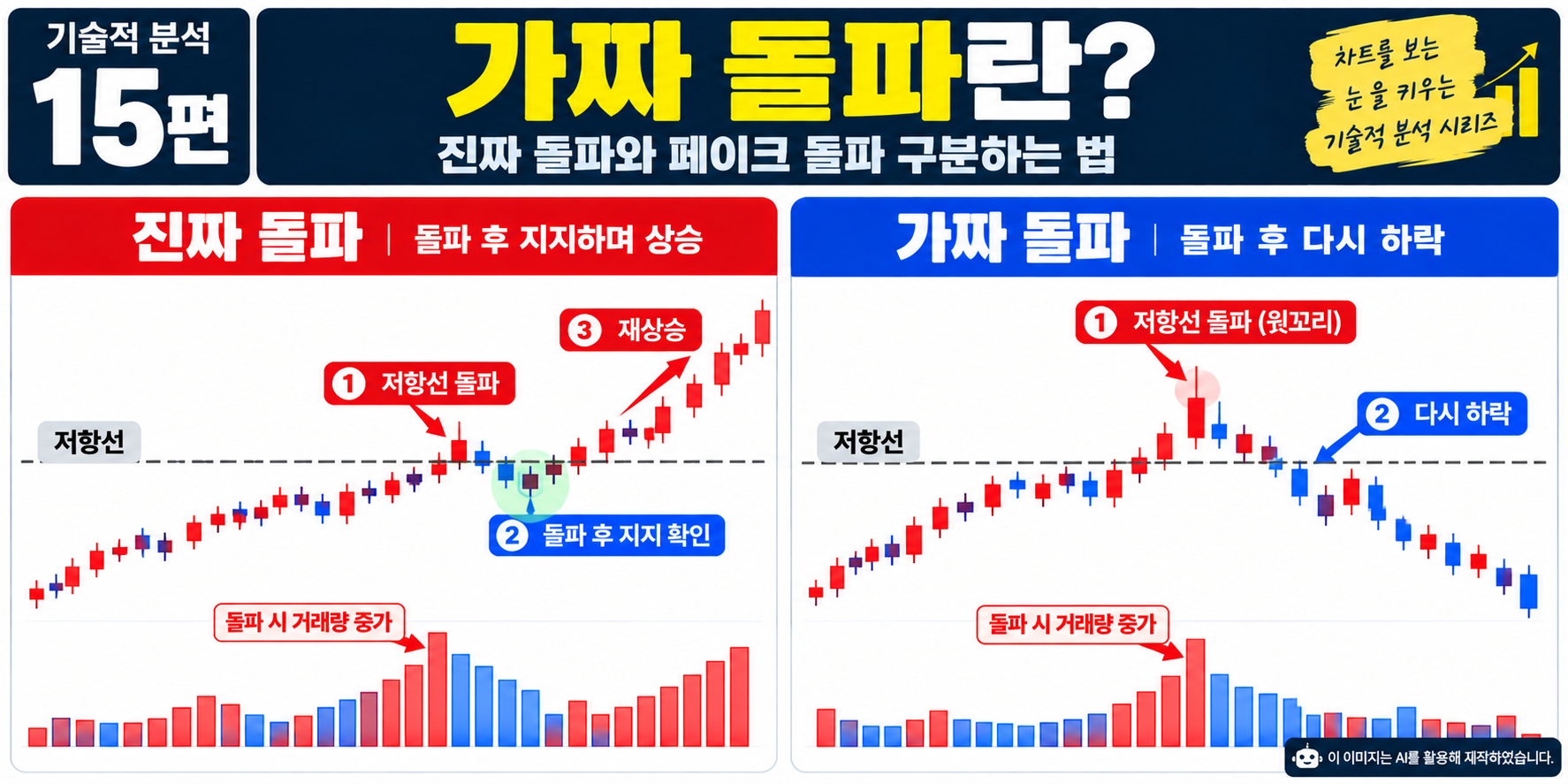 주식 진짜 돌파와 가짜 돌파를 저항선, 거래량, 돌파 후 지지 여부로 비교한 차트