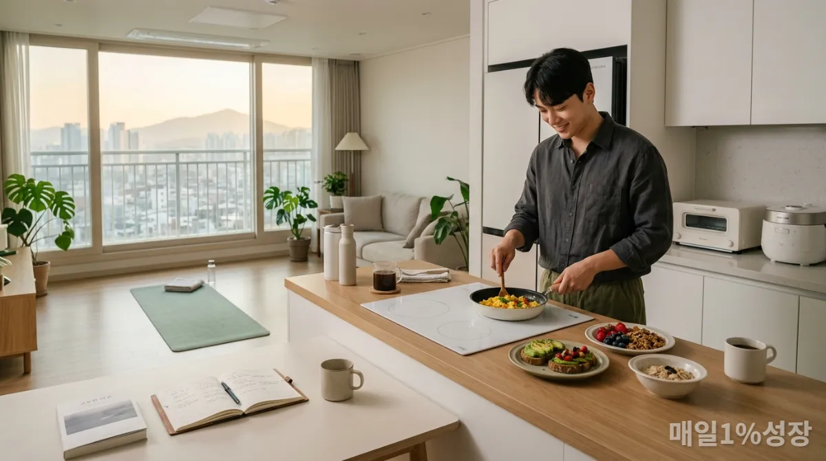 규칙적인 아침 루틴으로 하루를 시작하는 한국인 남성