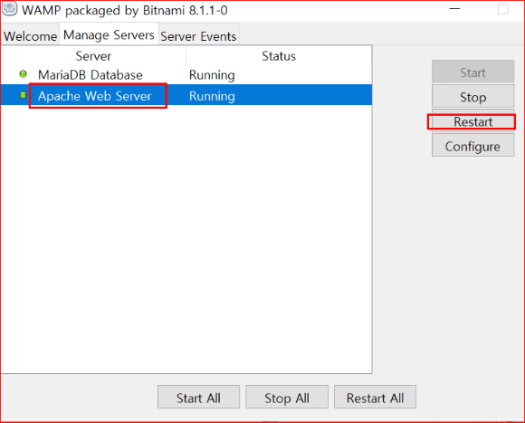 아파치 웹 서버 Restart