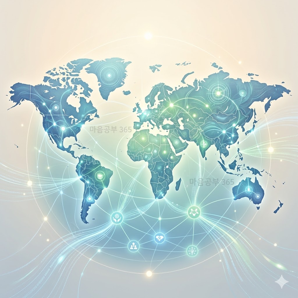 [The Interconnected World: A Global Map of Light and Patterns]
A sophisticated stylized infographic illustration showing an intricately connected world. A vibrant network of light and patterns, with soft blue and green hues, symbolizing global balance and shared wisdom. Subtle data streams flow, converging into small glowing symbols representing mutual support and interconnected knowledge.
