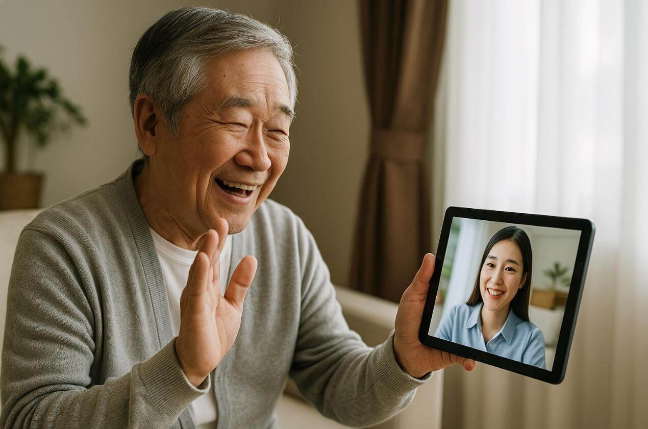 노인이 태블릿으로 영상통화하며 손을 흔들며 미소 짓는 모습.
