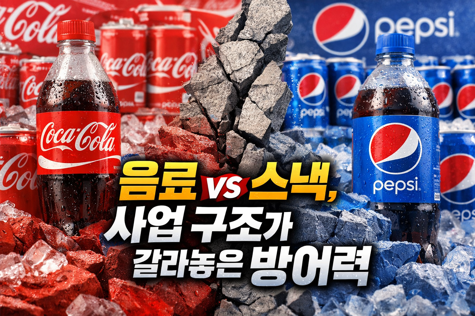 코카콜라(빨강)와 펩시(파랑) 콘셉트로 양분된 배경에 양쪽 병과 캔이 배치되고 중앙에 균열 암석이 있으며 “음료 vs 스낵, 사업 구조가 갈라놓은 방어력” 문구가 들어간 비교 썸네일 이미지