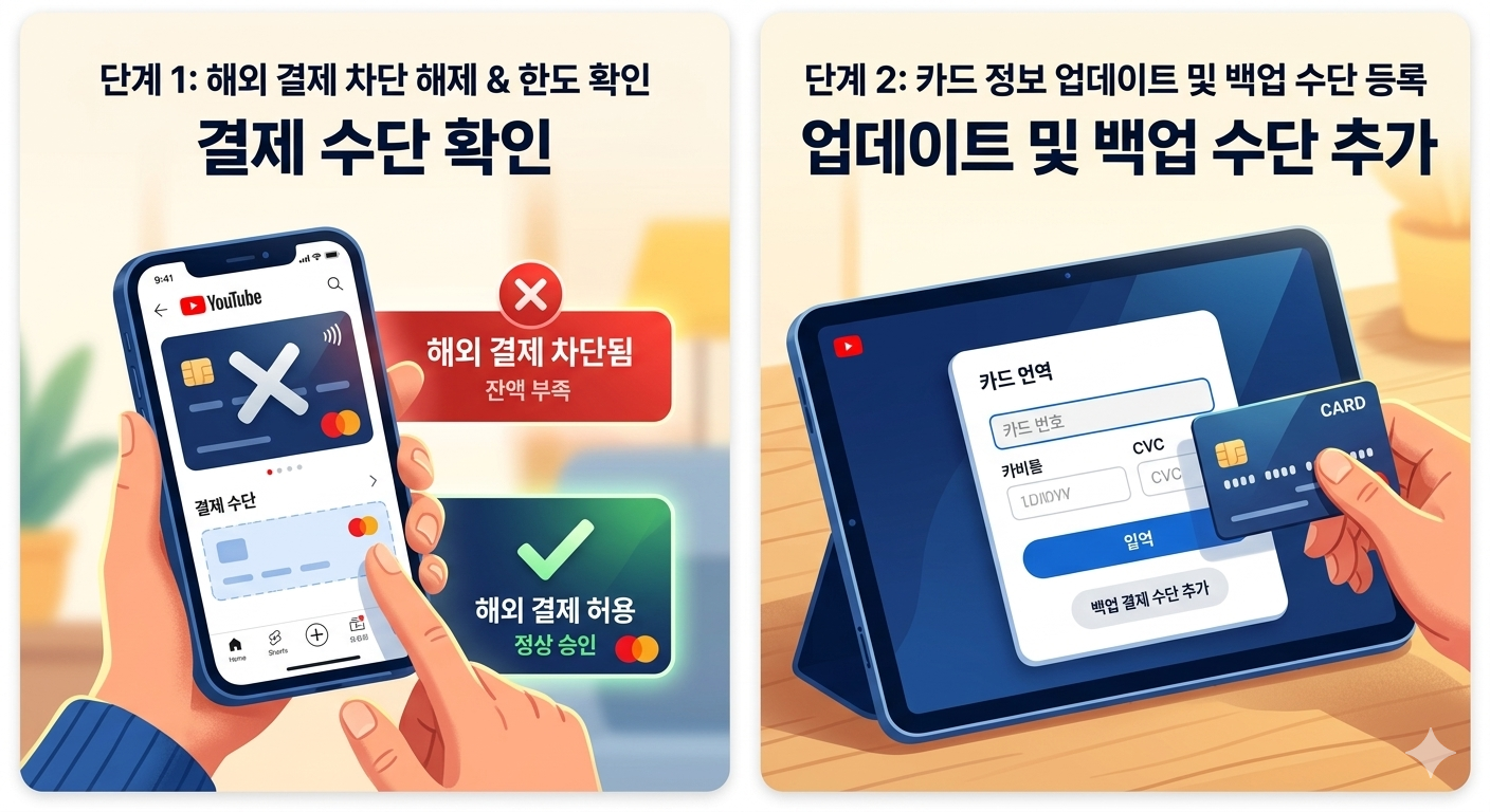 유튜브 프리미엄 결제 오류 해결 방법 총정리 (결제 수단 변경 및 해외 결제 차단 해제)