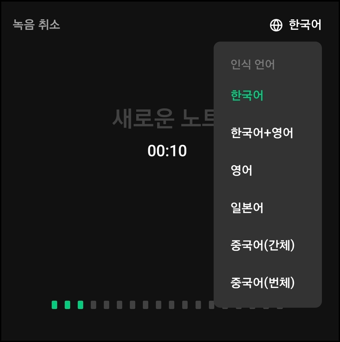 녹음된 언어 선택