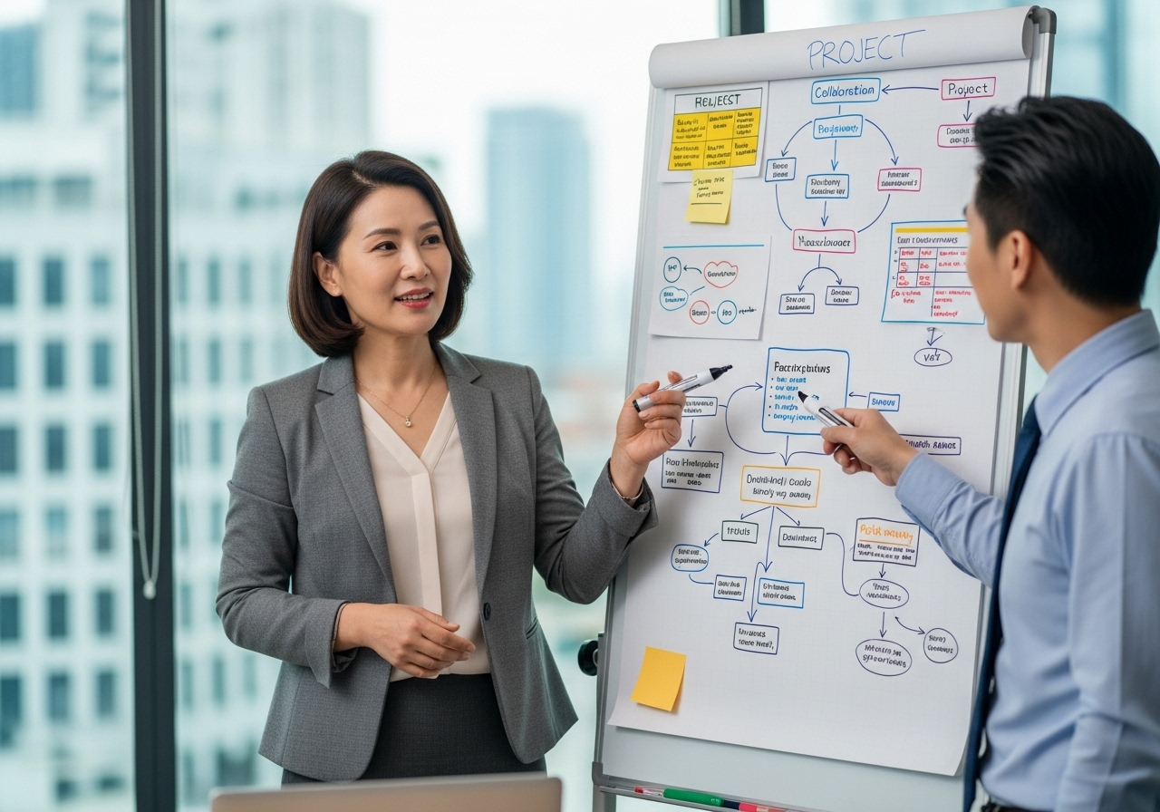 화이트보드의 플로우차트를 보며 동료와 협업 포인트 논의하는 50대 한국 여성