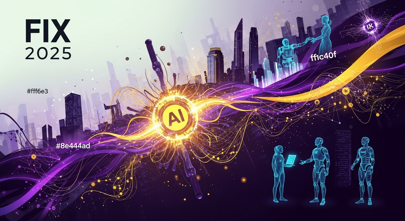 2025년 AI 기술 박람회 'FIX 2025'를 상징하는 미래지향적인 이미지. 보라색과 노란색 빛이 역동적으로 빛나는 인공지능 신경망이 미래 도시와 홀로그램 인간, 지능형 로봇과 조화롭게 어우러져 AI와 인간의 공존을 표현합니다.